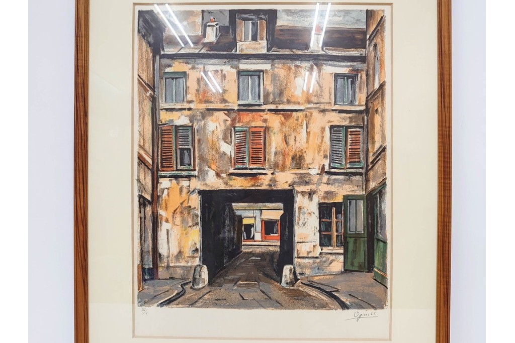 真作　サイン入り　荻須高徳　「中庭に続くロケット通り」　パリの街並みを描いた和紙刷りリトグラフ　外箱付き　(R-084918)