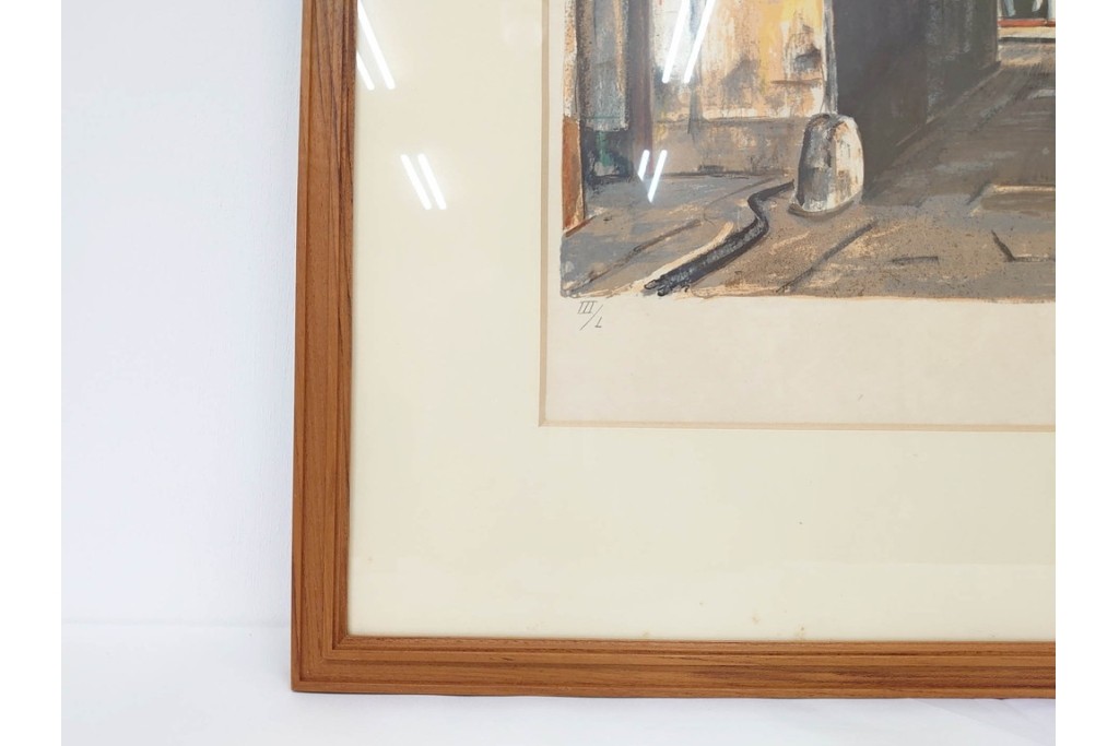 真作　サイン入り　荻須高徳　「中庭に続くロケット通り」　パリの街並みを描いた和紙刷りリトグラフ　外箱付き　(R-084918)