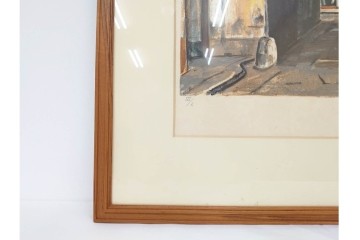 真作　サイン入り　荻須高徳　「中庭に続くロケット通り」　パリの街並みを描いた和紙刷りリトグラフ　外箱付き　(R-084918)