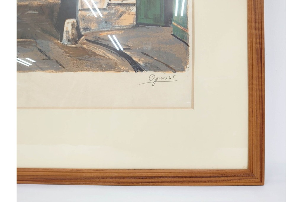 真作　サイン入り　荻須高徳　「中庭に続くロケット通り」　パリの街並みを描いた和紙刷りリトグラフ　外箱付き　(R-084918)