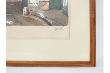 真作　サイン入り　荻須高徳　「中庭に続くロケット通り」　パリの街並みを描いた和紙刷りリトグラフ　外箱付き　(R-084918)