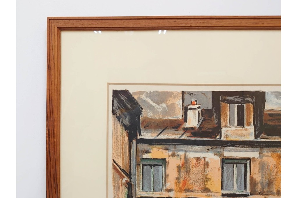 真作　サイン入り　荻須高徳　「中庭に続くロケット通り」　パリの街並みを描いた和紙刷りリトグラフ　外箱付き　(R-084918)