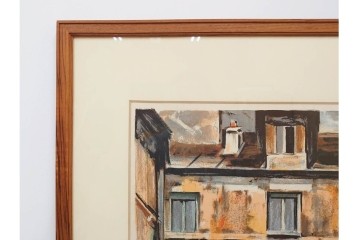 真作　サイン入り　荻須高徳　「中庭に続くロケット通り」　パリの街並みを描いた和紙刷りリトグラフ　外箱付き　(R-084918)