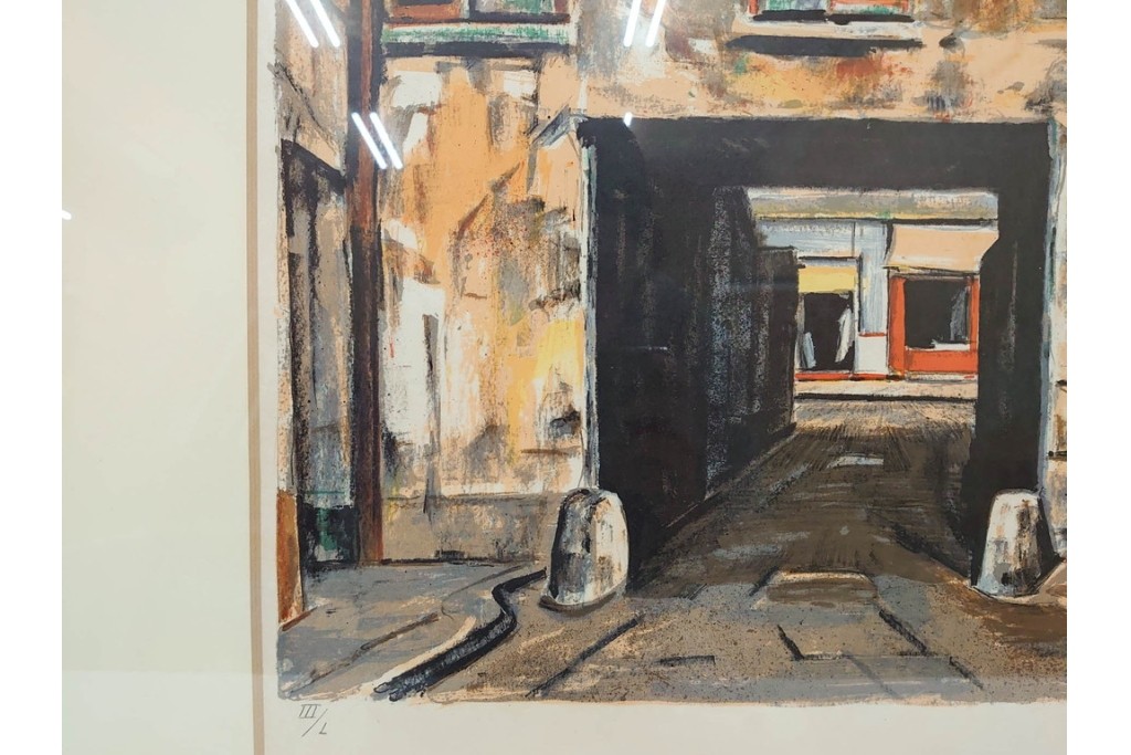 真作　サイン入り　荻須高徳　「中庭に続くロケット通り」　パリの街並みを描いた和紙刷りリトグラフ　外箱付き　(R-084918)