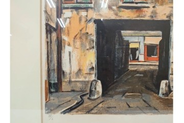 真作　サイン入り　荻須高徳　「中庭に続くロケット通り」　パリの街並みを描いた和紙刷りリトグラフ　外箱付き　(R-084918)