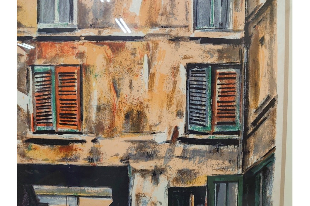 真作　サイン入り　荻須高徳　「中庭に続くロケット通り」　パリの街並みを描いた和紙刷りリトグラフ　外箱付き　(R-084918)