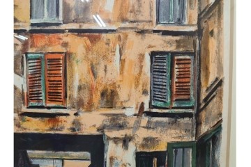 真作　サイン入り　荻須高徳　「中庭に続くロケット通り」　パリの街並みを描いた和紙刷りリトグラフ　外箱付き　(R-084918)