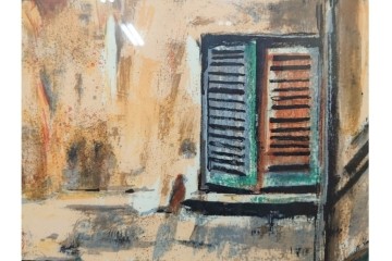 真作　サイン入り　荻須高徳　「中庭に続くロケット通り」　パリの街並みを描いた和紙刷りリトグラフ　外箱付き　(R-084918)