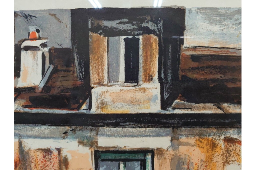 真作　サイン入り　荻須高徳　「中庭に続くロケット通り」　パリの街並みを描いた和紙刷りリトグラフ　外箱付き　(R-084918)