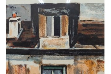 真作　サイン入り　荻須高徳　「中庭に続くロケット通り」　パリの街並みを描いた和紙刷りリトグラフ　外箱付き　(R-084918)