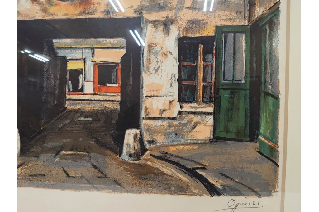 真作　サイン入り　荻須高徳　「中庭に続くロケット通り」　パリの街並みを描いた和紙刷りリトグラフ　外箱付き　(R-084918)