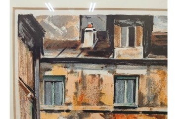 真作　サイン入り　荻須高徳　「中庭に続くロケット通り」　パリの街並みを描いた和紙刷りリトグラフ　外箱付き　(R-084918)