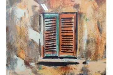 真作　サイン入り　荻須高徳　「中庭に続くロケット通り」　パリの街並みを描いた和紙刷りリトグラフ　外箱付き　(R-084918)