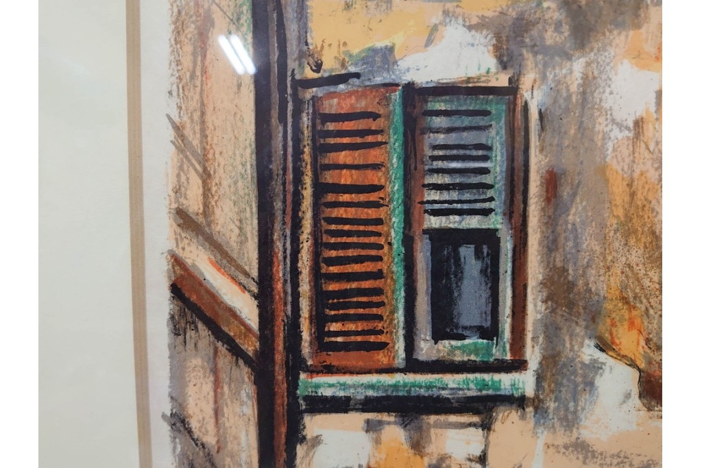 真作　サイン入り　荻須高徳　「中庭に続くロケット通り」　パリの街並みを描いた和紙刷りリトグラフ　外箱付き　(R-084918)