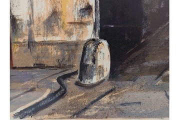 真作　サイン入り　荻須高徳　「中庭に続くロケット通り」　パリの街並みを描いた和紙刷りリトグラフ　外箱付き　(R-084918)