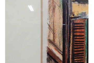 真作　サイン入り　荻須高徳　「中庭に続くロケット通り」　パリの街並みを描いた和紙刷りリトグラフ　外箱付き　(R-084918)