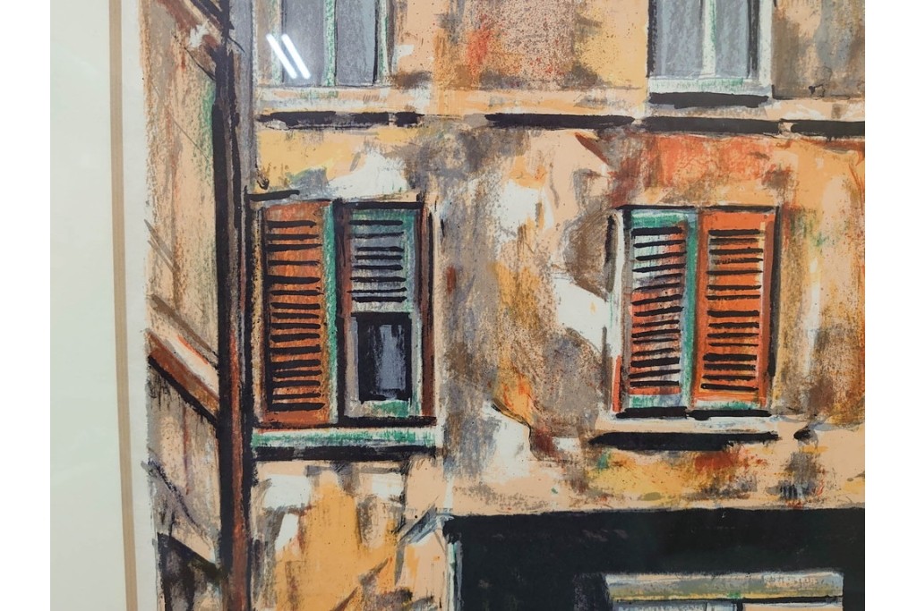 真作　サイン入り　荻須高徳　「中庭に続くロケット通り」　パリの街並みを描いた和紙刷りリトグラフ　外箱付き　(R-084918)