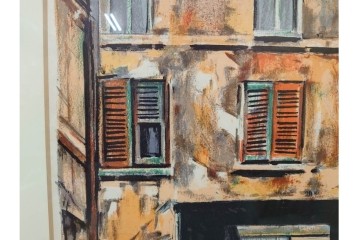 真作　サイン入り　荻須高徳　「中庭に続くロケット通り」　パリの街並みを描いた和紙刷りリトグラフ　外箱付き　(R-084918)