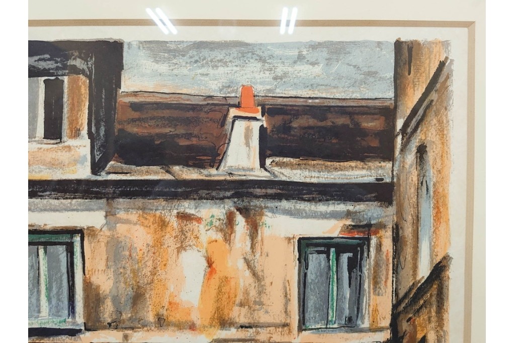 真作　サイン入り　荻須高徳　「中庭に続くロケット通り」　パリの街並みを描いた和紙刷りリトグラフ　外箱付き　(R-084918)