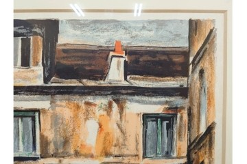 真作　サイン入り　荻須高徳　「中庭に続くロケット通り」　パリの街並みを描いた和紙刷りリトグラフ　外箱付き　(R-084918)