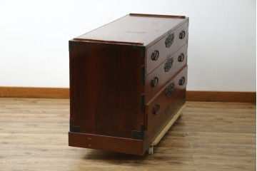 《天板取り付け加工費込み》　和製ヴィンテージ　美品!!　前面(欅材)　上杢目　手打ち金具が素敵な木地呂塗りの仙台箪笥　(R-084932)