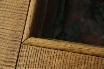 中古　国産　職人手作り　ナラ材　天板の鋸目(のこめ)仕上げの意匠がおしゃれな囲炉裏テーブル　(R-084940)