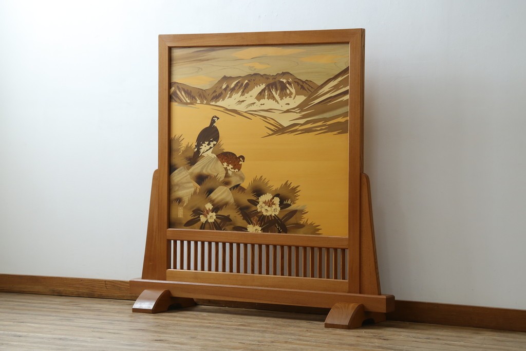 中古　最高級　枠総欅(ケヤキ)材　木象嵌作家　朴木立堂　立山に雷鳥図の衝立　定価推定約150万円　(R-084941)