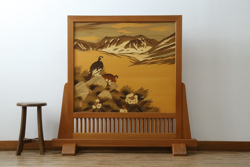 中古　最高級　枠総欅(ケヤキ)材　木象嵌作家　朴木立堂　立山に雷鳥図の衝立　定価推定約150万円　(R-084941)