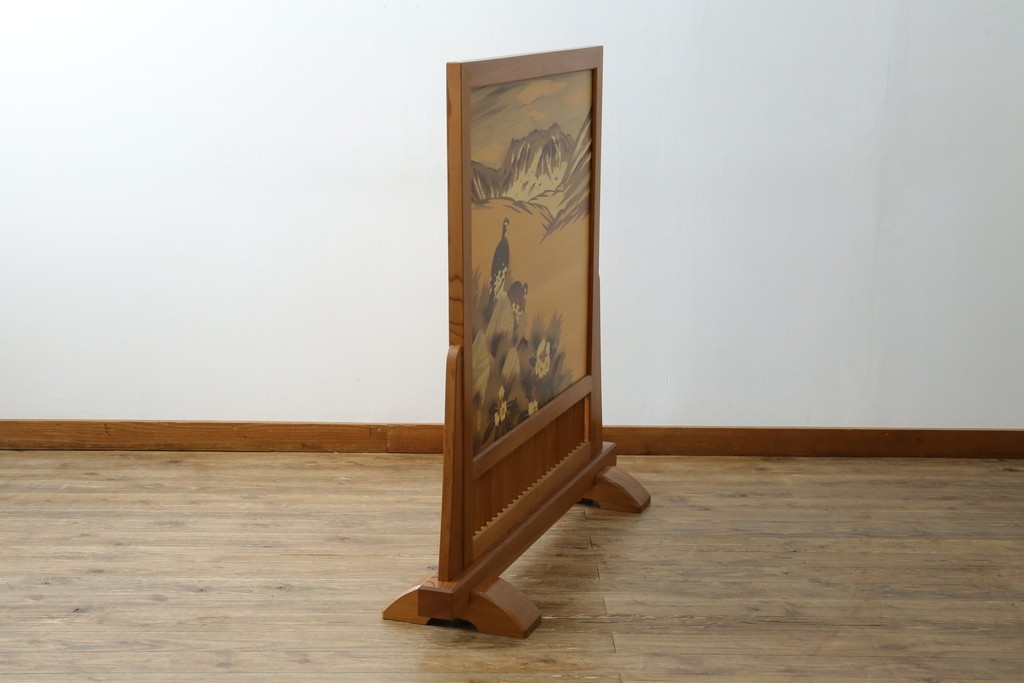 中古　最高級　枠総欅(ケヤキ)材　木象嵌作家　朴木立堂　立山に雷鳥図の衝立　定価推定約150万円　(R-084941)