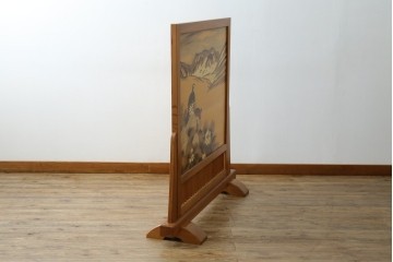 中古　最高級　枠総欅(ケヤキ)材　木象嵌作家　朴木立堂　立山に雷鳥図の衝立　定価推定約150万円　(R-084941)