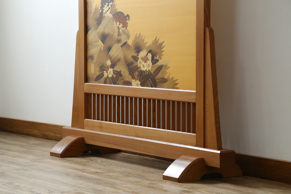 中古　最高級　枠総欅(ケヤキ)材　木象嵌作家　朴木立堂　立山に雷鳥図の衝立　定価推定約150万円　(R-084941)