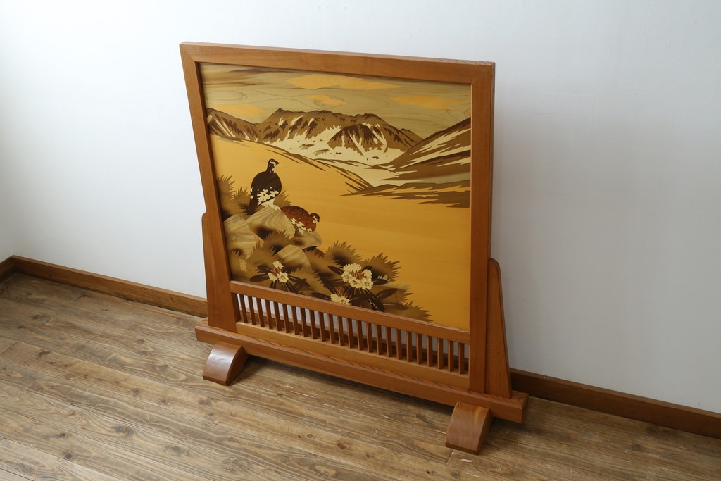 中古　最高級　枠総欅(ケヤキ)材　木象嵌作家　朴木立堂　立山に雷鳥図の衝立　定価推定約150万円　(R-084941)