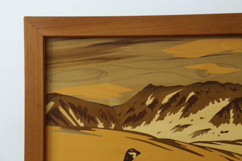 中古　最高級　枠総欅(ケヤキ)材　木象嵌作家　朴木立堂　立山に雷鳥図の衝立　定価推定約150万円　(R-084941)