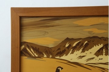 中古　最高級　枠総欅(ケヤキ)材　木象嵌作家　朴木立堂　立山に雷鳥図の衝立　定価推定約150万円　(R-084941)