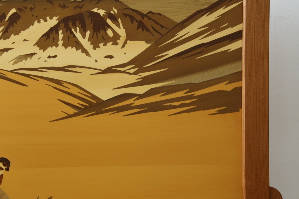 中古　最高級　枠総欅(ケヤキ)材　木象嵌作家　朴木立堂　立山に雷鳥図の衝立　定価推定約150万円　(R-084941)