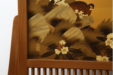 中古　最高級　枠総欅(ケヤキ)材　木象嵌作家　朴木立堂　立山に雷鳥図の衝立　定価推定約150万円　(R-084941)
