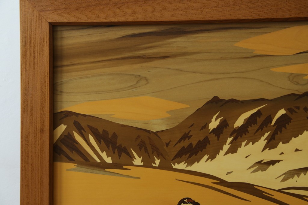 中古　最高級　枠総欅(ケヤキ)材　木象嵌作家　朴木立堂　立山に雷鳥図の衝立　定価推定約150万円　(R-084941)