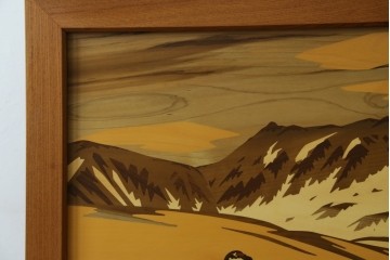 中古　最高級　枠総欅(ケヤキ)材　木象嵌作家　朴木立堂　立山に雷鳥図の衝立　定価推定約150万円　(R-084941)