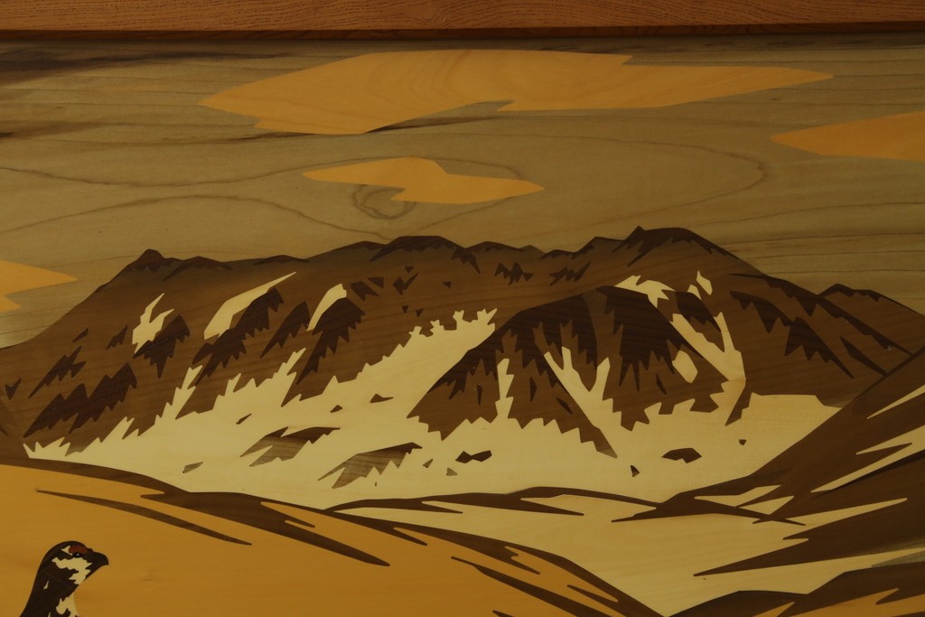 中古　最高級　枠総欅(ケヤキ)材　木象嵌作家　朴木立堂　立山に雷鳥図の衝立　定価推定約150万円　(R-084941)