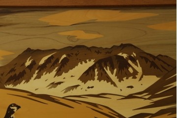 中古　最高級　枠総欅(ケヤキ)材　木象嵌作家　朴木立堂　立山に雷鳥図の衝立　定価推定約150万円　(R-084941)