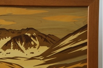 中古　最高級　枠総欅(ケヤキ)材　木象嵌作家　朴木立堂　立山に雷鳥図の衝立　定価推定約150万円　(R-084941)