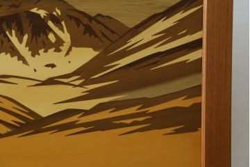 中古　最高級　枠総欅(ケヤキ)材　木象嵌作家　朴木立堂　立山に雷鳥図の衝立　定価推定約150万円　(R-084941)