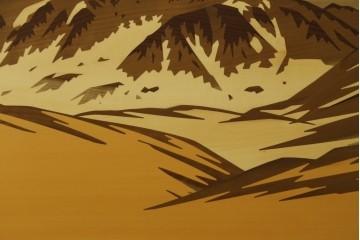 中古　最高級　枠総欅(ケヤキ)材　木象嵌作家　朴木立堂　立山に雷鳥図の衝立　定価推定約150万円　(R-084941)