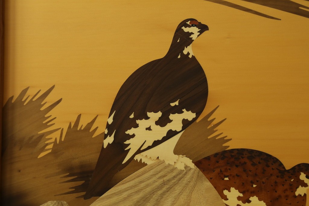 中古　最高級　枠総欅(ケヤキ)材　木象嵌作家　朴木立堂　立山に雷鳥図の衝立　定価推定約150万円　(R-084941)