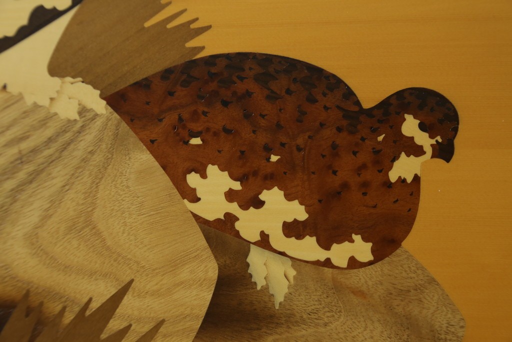 中古　最高級　枠総欅(ケヤキ)材　木象嵌作家　朴木立堂　立山に雷鳥図の衝立　定価推定約150万円　(R-084941)