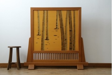 中古　最高級　枠総欅(ケヤキ)材　木象嵌作家　朴木立堂　立山に雷鳥図の衝立　定価推定約150万円　(R-084941)