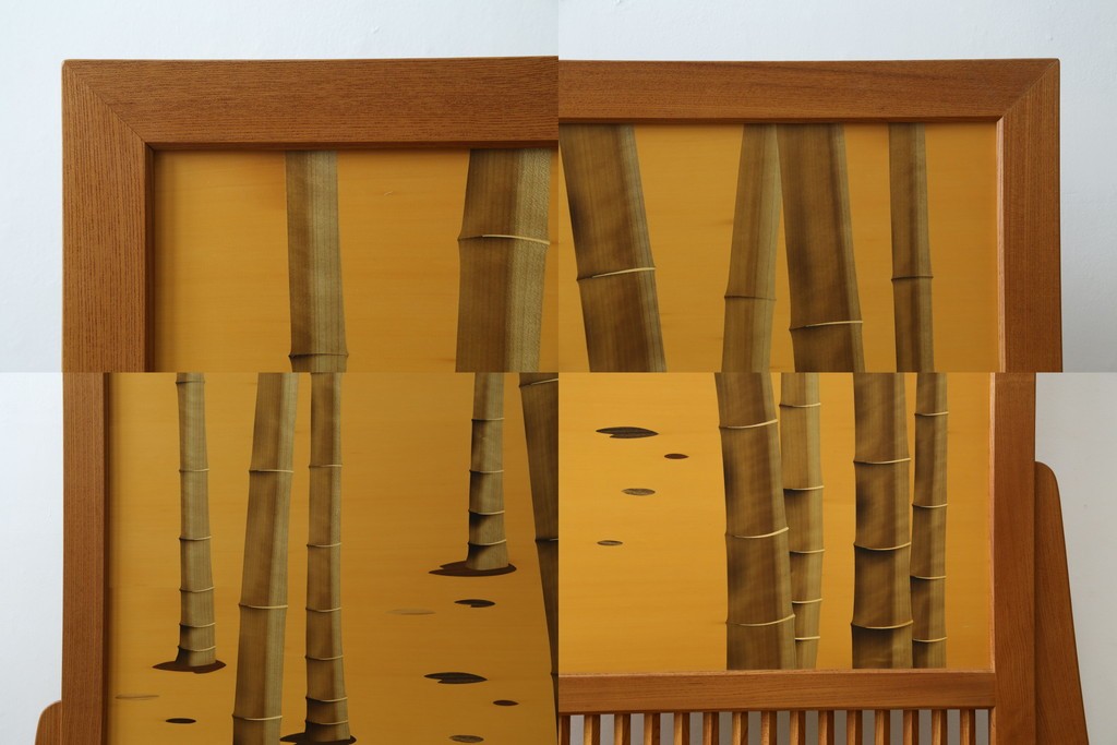 中古　最高級　枠総欅(ケヤキ)材　木象嵌作家　朴木立堂　立山に雷鳥図の衝立　定価推定約150万円　(R-084941)