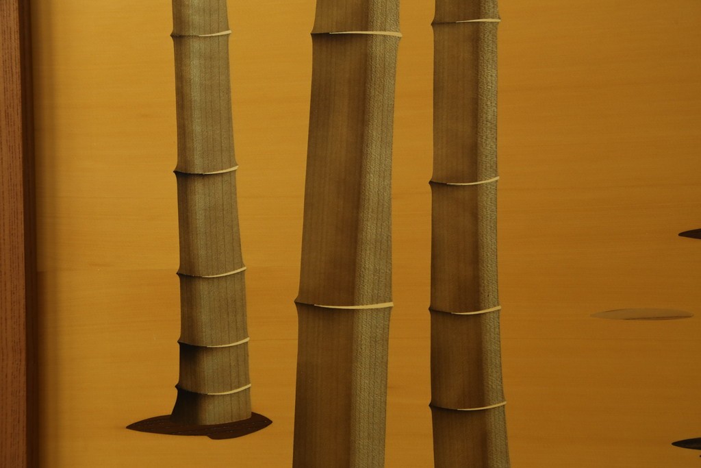 中古　最高級　枠総欅(ケヤキ)材　木象嵌作家　朴木立堂　立山に雷鳥図の衝立　定価推定約150万円　(R-084941)