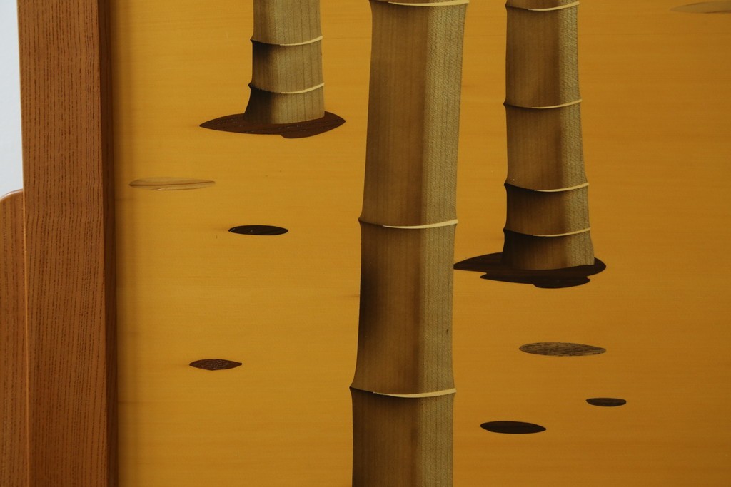 中古　最高級　枠総欅(ケヤキ)材　木象嵌作家　朴木立堂　立山に雷鳥図の衝立　定価推定約150万円　(R-084941)