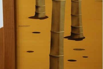 中古　最高級　枠総欅(ケヤキ)材　木象嵌作家　朴木立堂　立山に雷鳥図の衝立　定価推定約150万円　(R-084941)